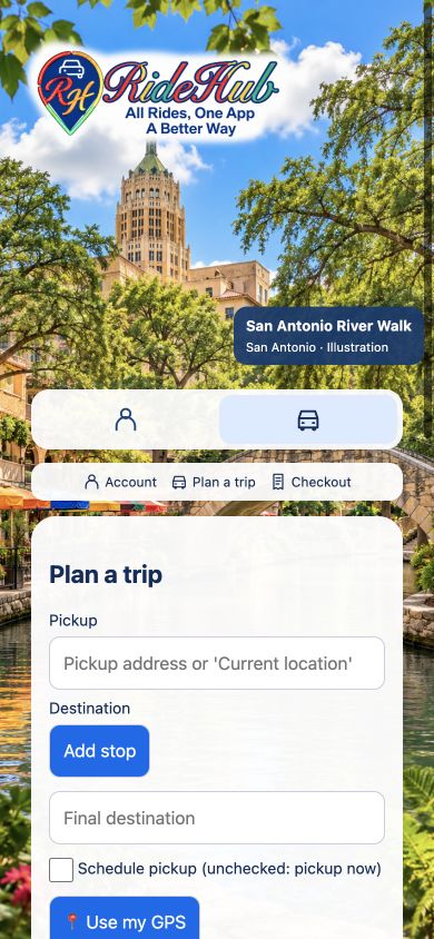 RideHub mobile design preview with River Walk background